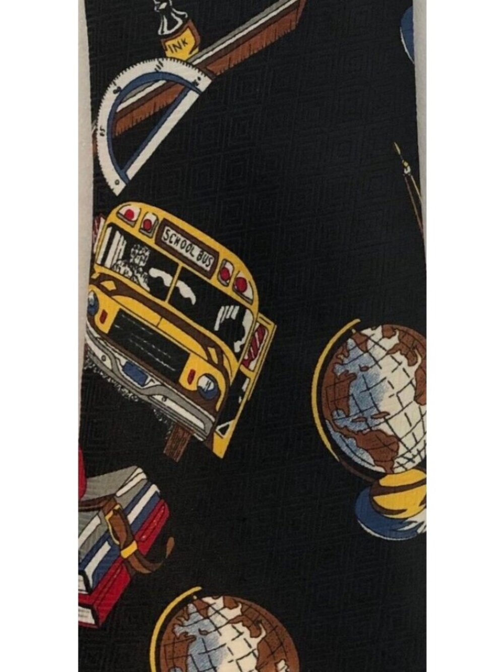 Fratello Neck Tie Black w Yellow School Buses Globes Books 3.75 in W 56 in L